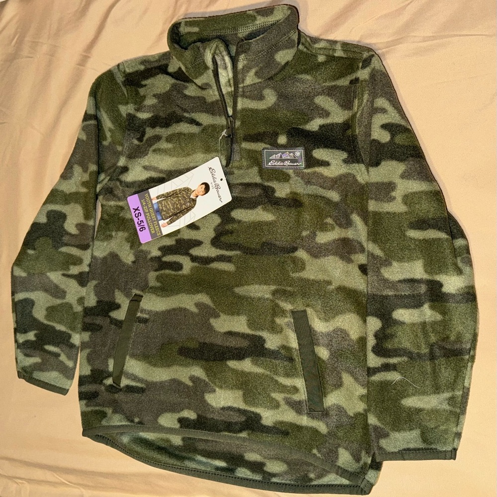 Eddie Bauer Youth Quest Fleece 1/4 Zip Pullover Sweater Green Camo XS 5/6